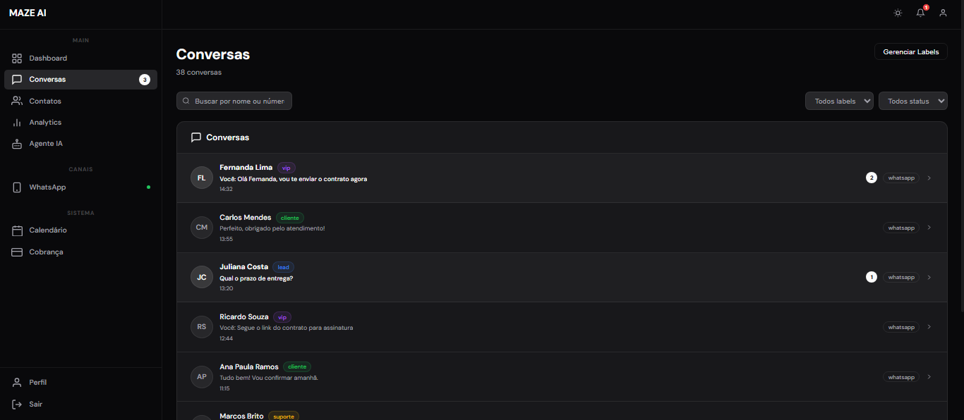 Maze conversations screen with message history and qualified lead